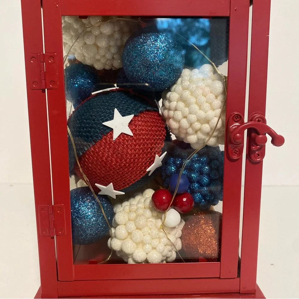 Red Metal Lantern with Patriotic Accents Battery Powered Lights